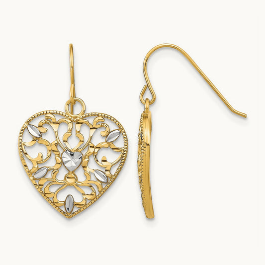 w/ RH Filigree Cut-Out Heart Wire Earrings, 14K