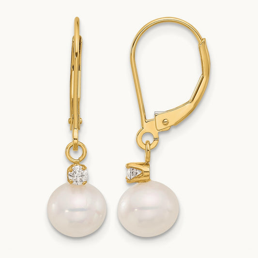 7- Round White FWC Pearl and .10ct Diamond Leverback Earrings, 8mm, 14K