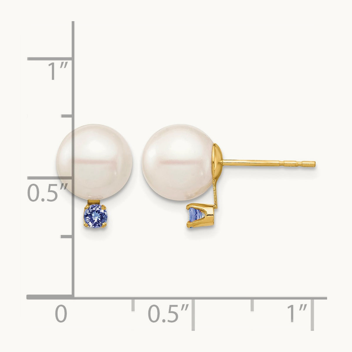 8- White Round Freshwater Cultured Pearl Tanzanite Post Earrings, 8.5mm, 14K