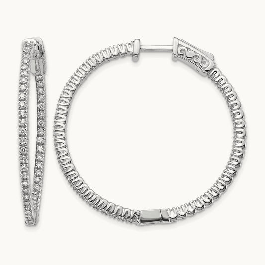 Diamond Round Hoop w/Safety Clasp Earrings, 14K White Gold