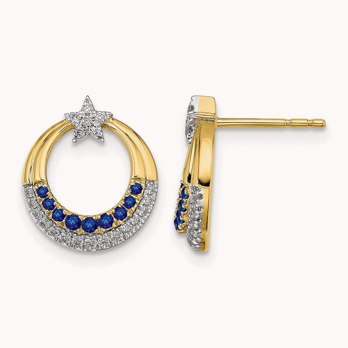 Polished Sapphire and Diamond Star and Circle Post Earrings, 14K