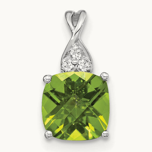 Checkerboard Peridot and Diamond Pendant — 14K White Gold