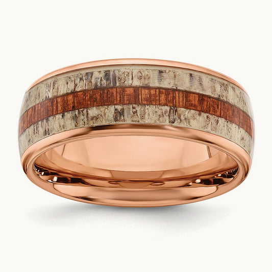 Polished Rose IP w/Wood and Antler Inlay Band, 8mm, Stainless Steel