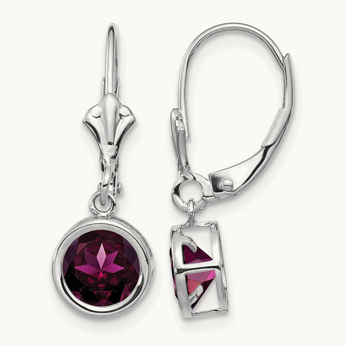 Rhodolite Garnet Leverback Earrings, 6mm, 14K White Gold