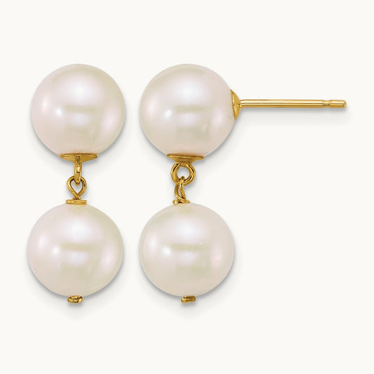 7- Round White FW Cultured 2 Pearl Dangle Post Earrings, 8mm, 14K