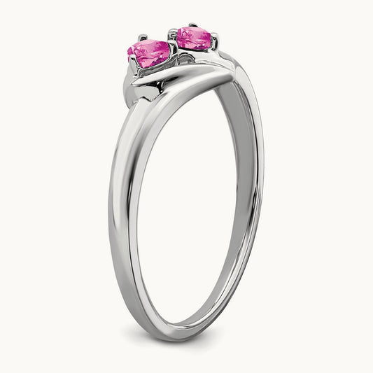 Created Pink Sapphire and Diamond 2-stone Heart Ring, 14K White Gold