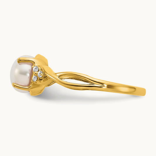 Freshwater Cultured Pearl and Diamond Ring — 14K Yellow Gold, 7