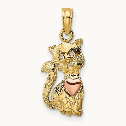 Cat w/ Heart Charm, 14K Two-tone