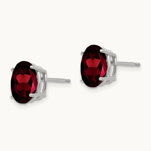9x7mm Oval Garnet Earrings, 14K White Gold