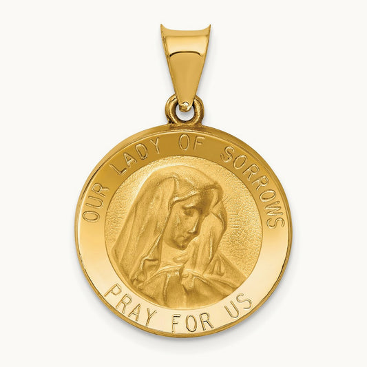 Polished and Satin Our Lady of Sorrows Medal Hollow Pendant, 14K