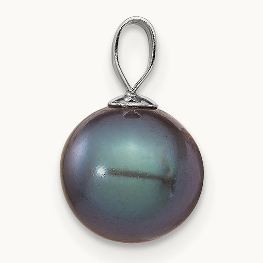 8- Black Round Freshwater Cultured Pearl Pendant, 9mm, 14K White Gold