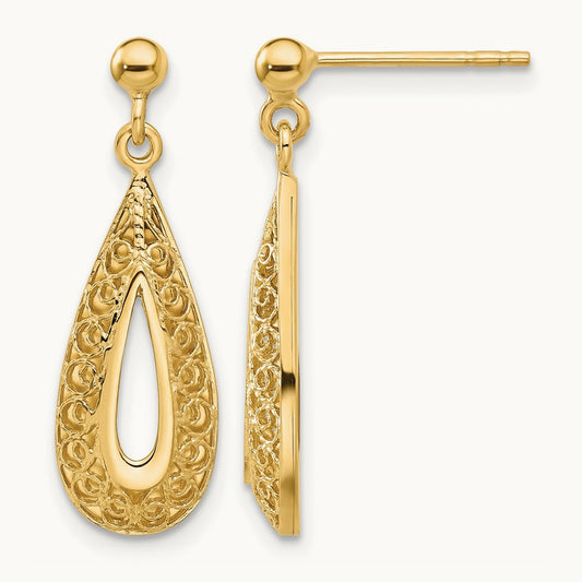 Filigree Teardrop Post Dangle Earrings — 14K Yellow Gold
