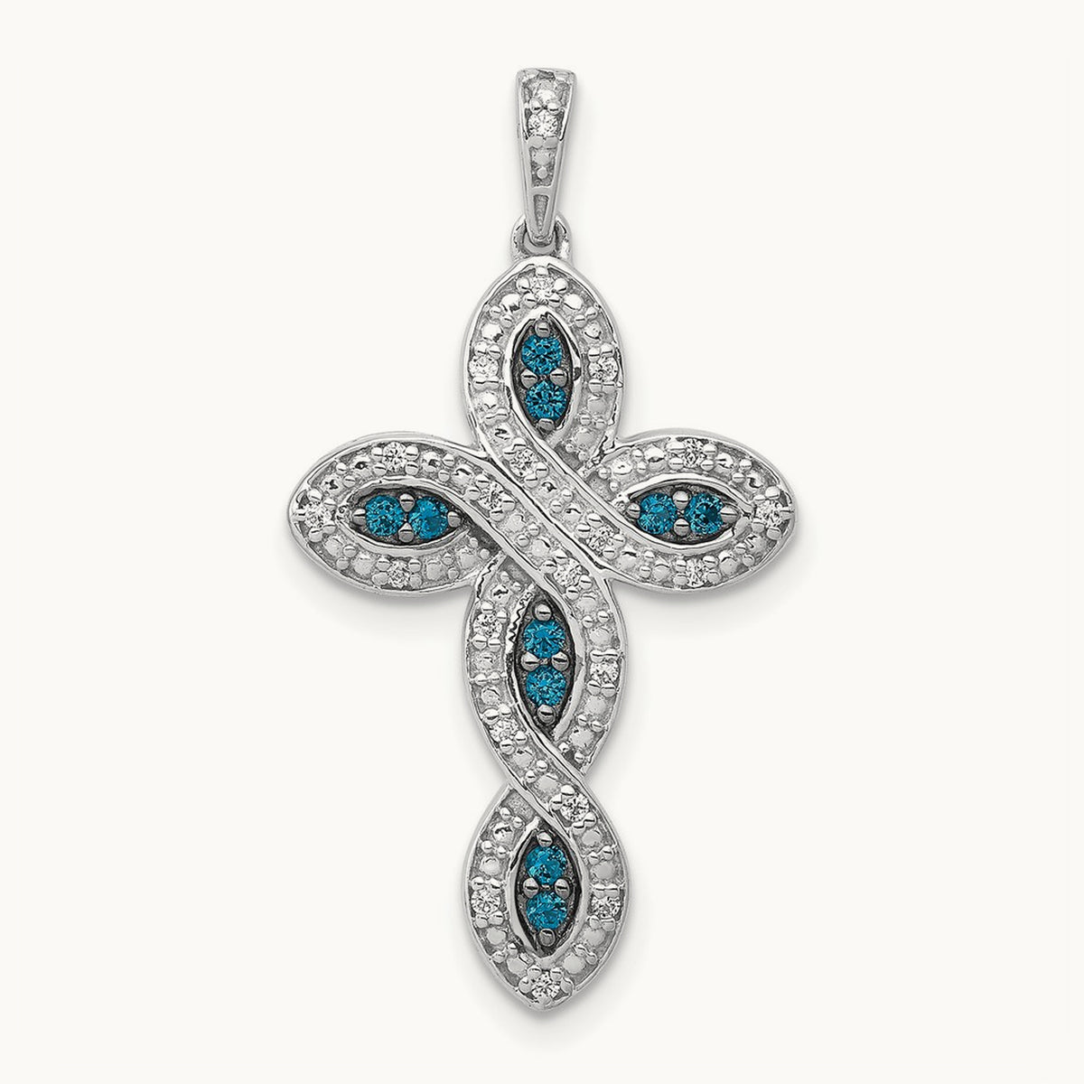 White and Blue Diamond Cross Pendant, 14K White Gold