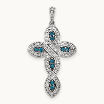 White and Blue Diamond Cross Pendant, 14K White Gold