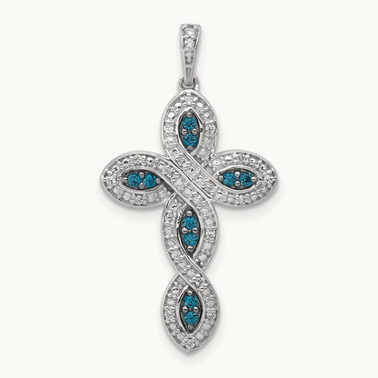 White and Blue Diamond Cross Pendant, 14K White Gold