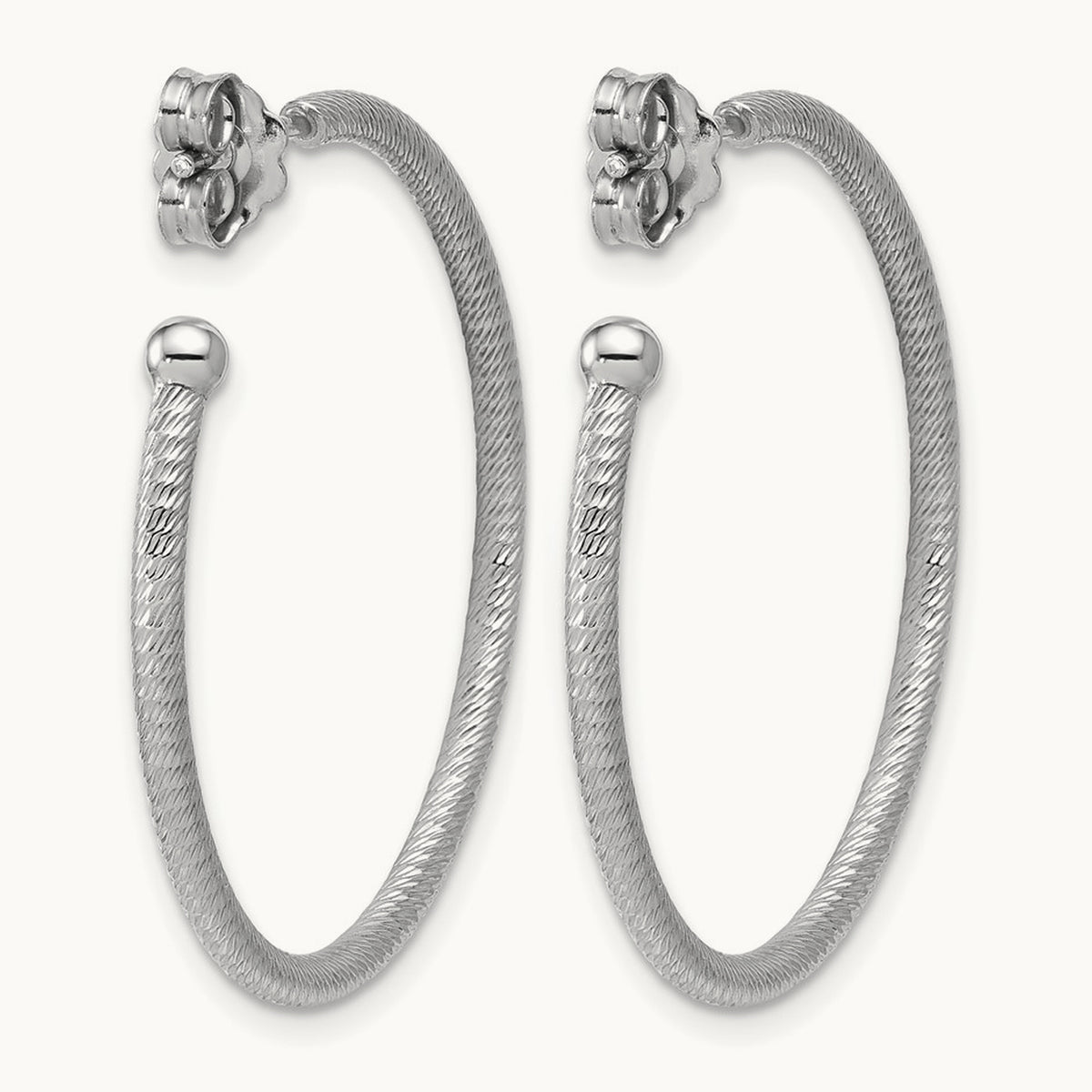 Rhodium-plated Diamond-cut Post C-Hoop Earrings — 33x2mm