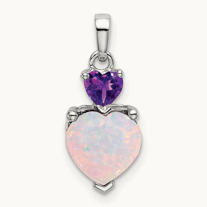 Heart Created Opal and Amethyst Pendant, 14K White Gold