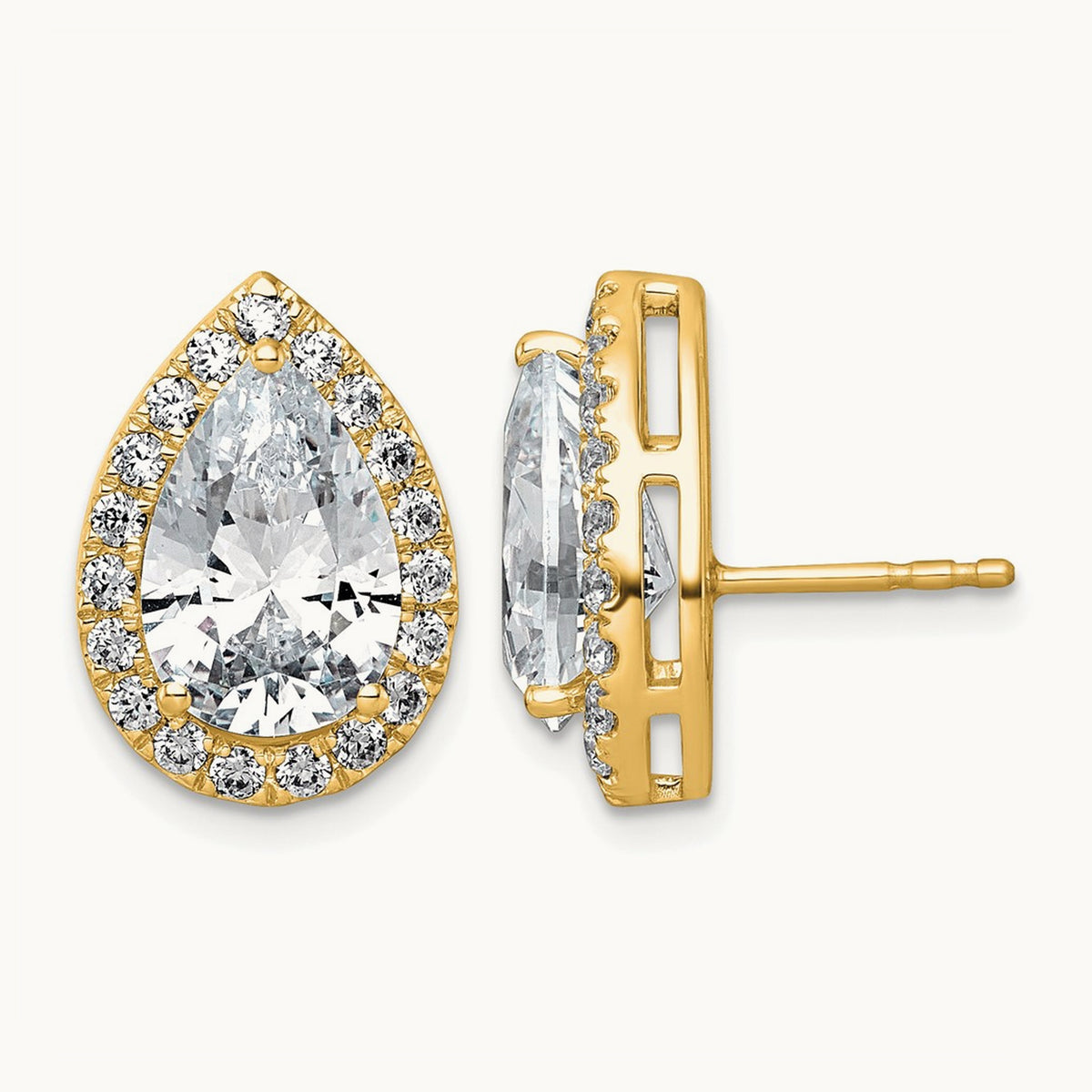 Pear Halo Post Earrings, 1.25-6.75 ct tw Lab-Grown Diamond — 6 3/4 ct, VS (Best) · Certified, 14K Yellow Gold