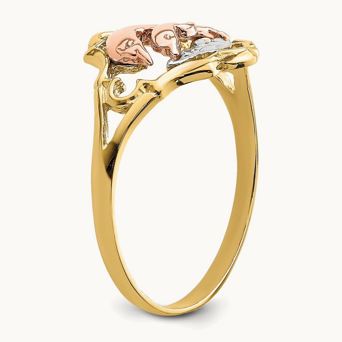 W/Rhodium Double Dolphin Ring, 14K Yellow with Rose Gold