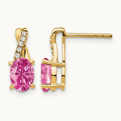 Created Pink Sapphire and Diamond Earrings, 14K