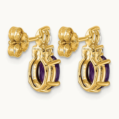 Diamond and Amethyst Post Earrings — 14K Yellow Gold