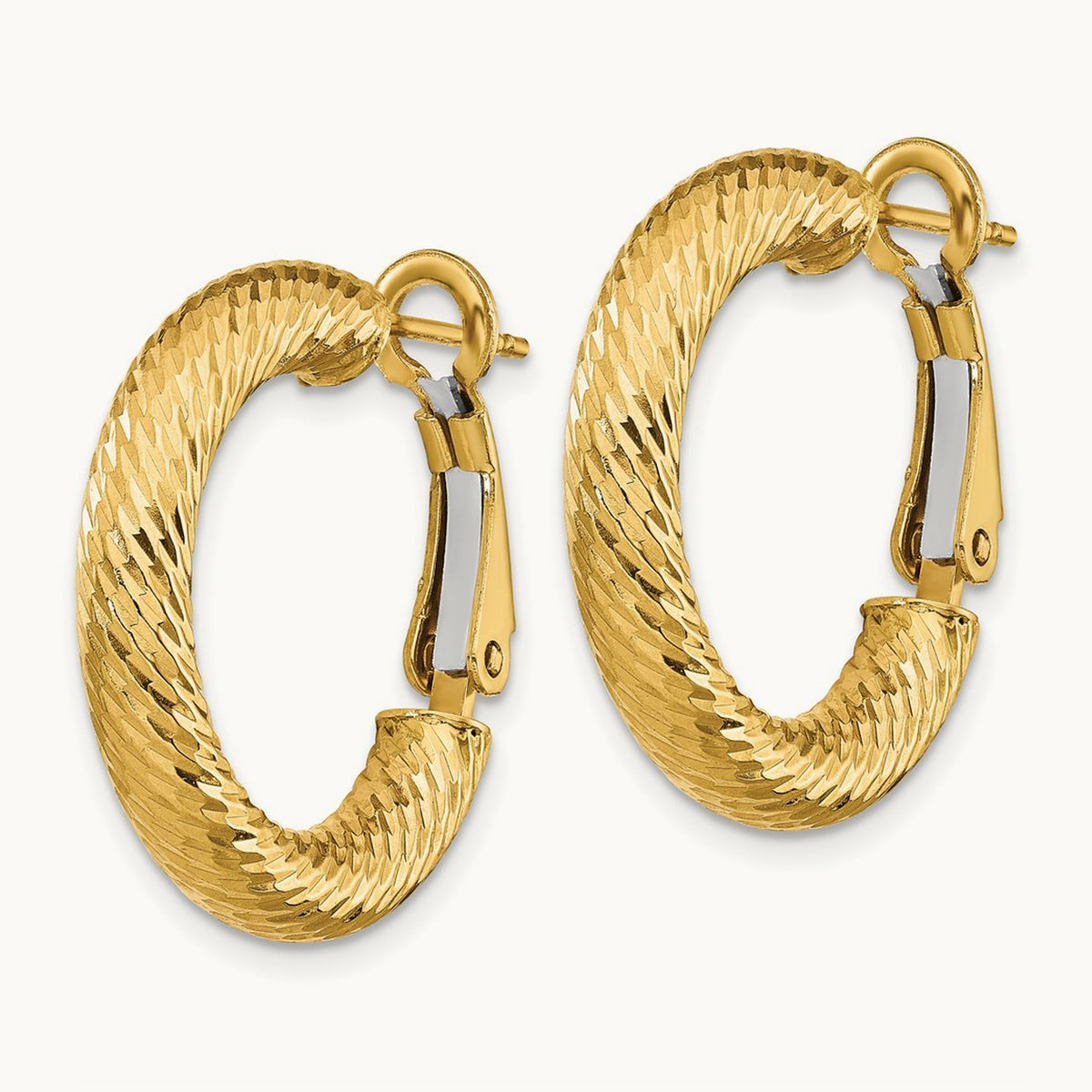 Diamond-cut Round Omega Back Hoop Earrings — 14K Yellow Gold, 4x23mm