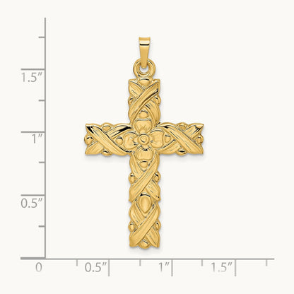 Polished and Textured Floral Solid Cross Pendant, 14K