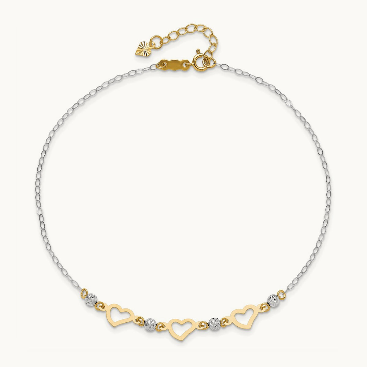 Oval Link Diamond-cut Beads and Heart 9in Plus 1in Ext Anklet, 14K Two-tone