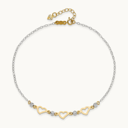 Oval Link Diamond-cut Beads and Heart 9in Plus 1in Ext Anklet, 14K Two-tone
