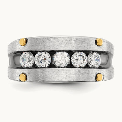 14ktt w/ Blk RH IBGoodman Men's Satin/Grooved 5-Stone Diamond Ring