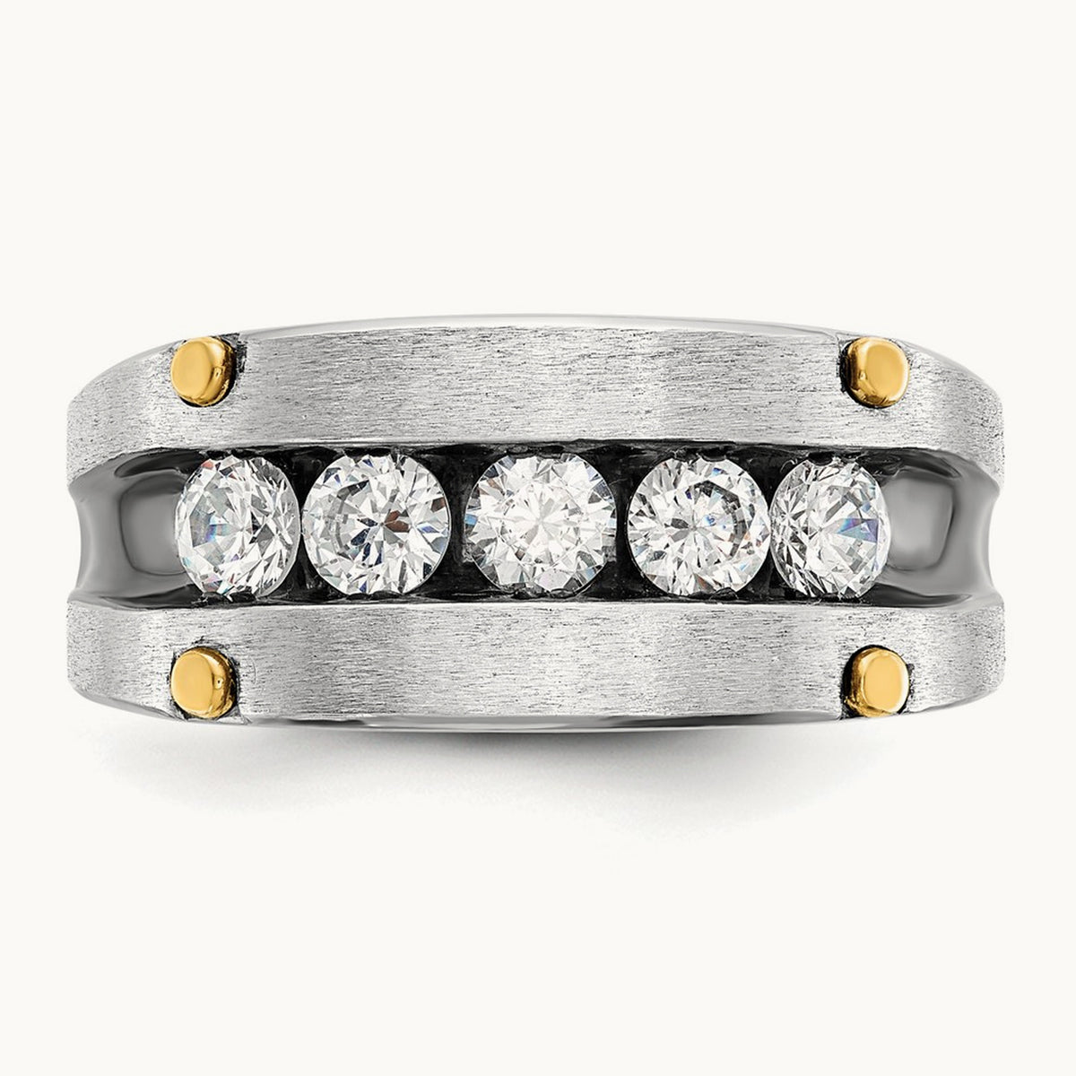 14ktt w/ Blk RH IBGoodman Men's Satin/Grooved 5-Stone Diamond Ring