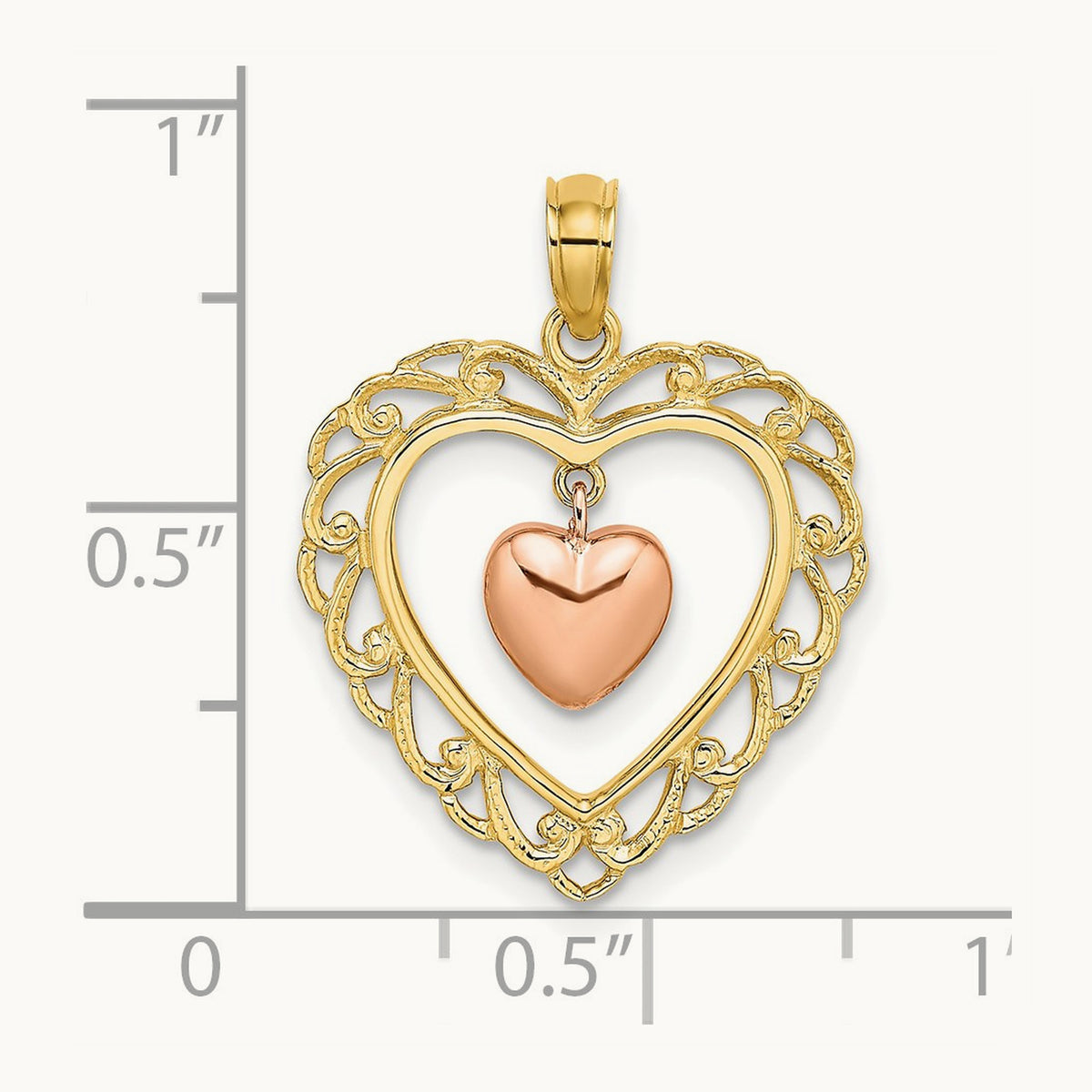 Polished Dangling Heart In Heart Charm, 14K Yellow with Rose Gold