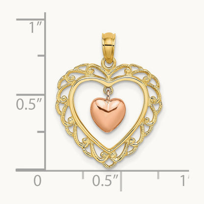 Polished Dangling Heart In Heart Charm, 14K Yellow with Rose Gold