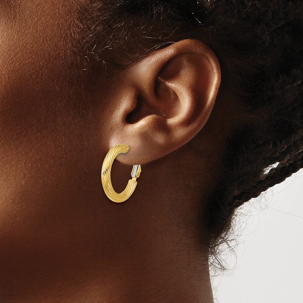 Twisted Round Hoop Earrings — 14K Yellow Gold, 3x21mm