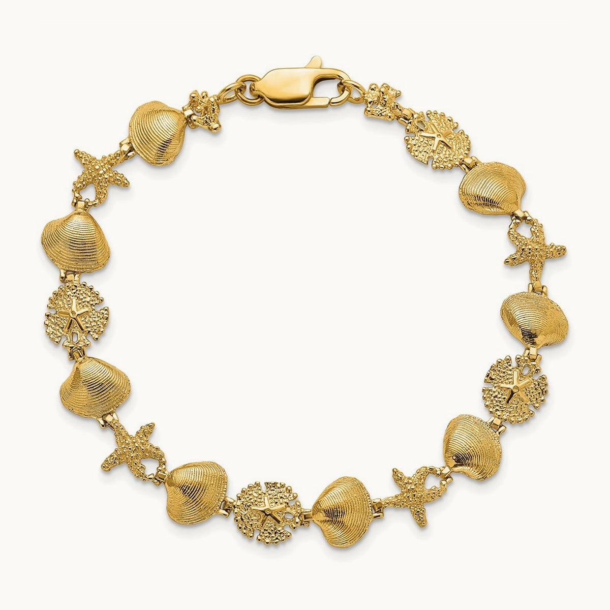 Sand Dolloar, Clam, Starfish Bracelet, 14K