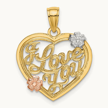 w/White Rhodium I LOVE YOU Heart w/Flowers Charm, 14K Two-tone