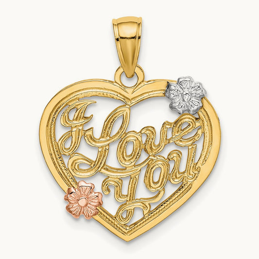 w/White Rhodium I LOVE YOU Heart w/Flowers Charm, 14K Two-tone