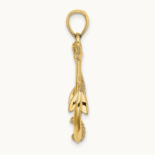 3-D Polished and Textured Anchor with Rope Charm — 14K Yellow Gold