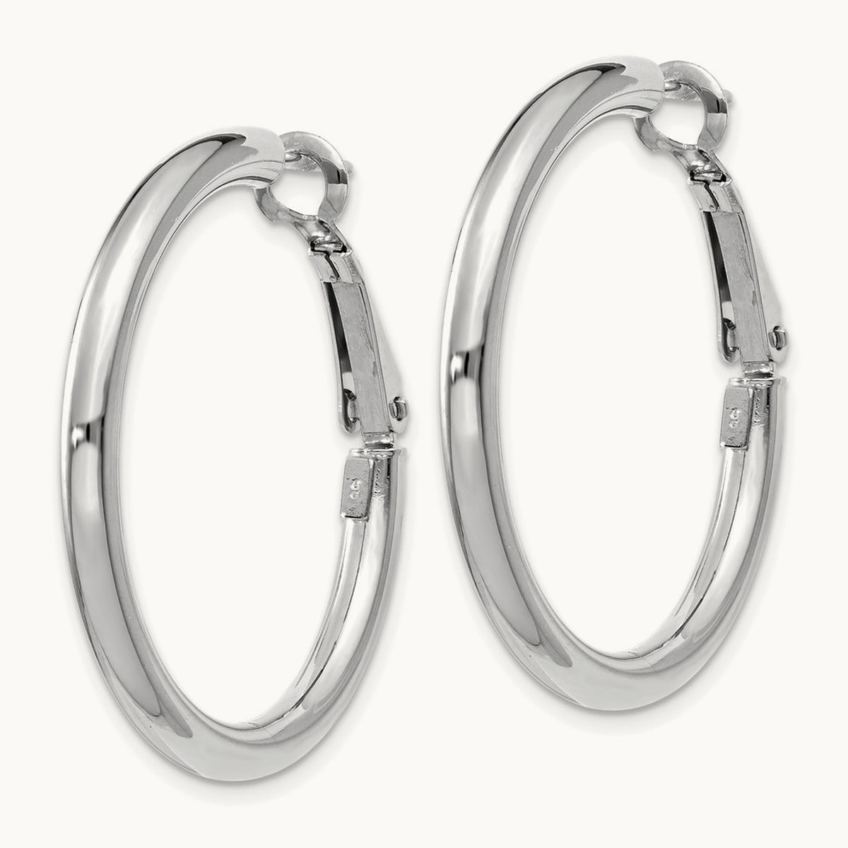 Polished Round Omega Back Hoop Earrings — 14K White Gold, 3x32mm
