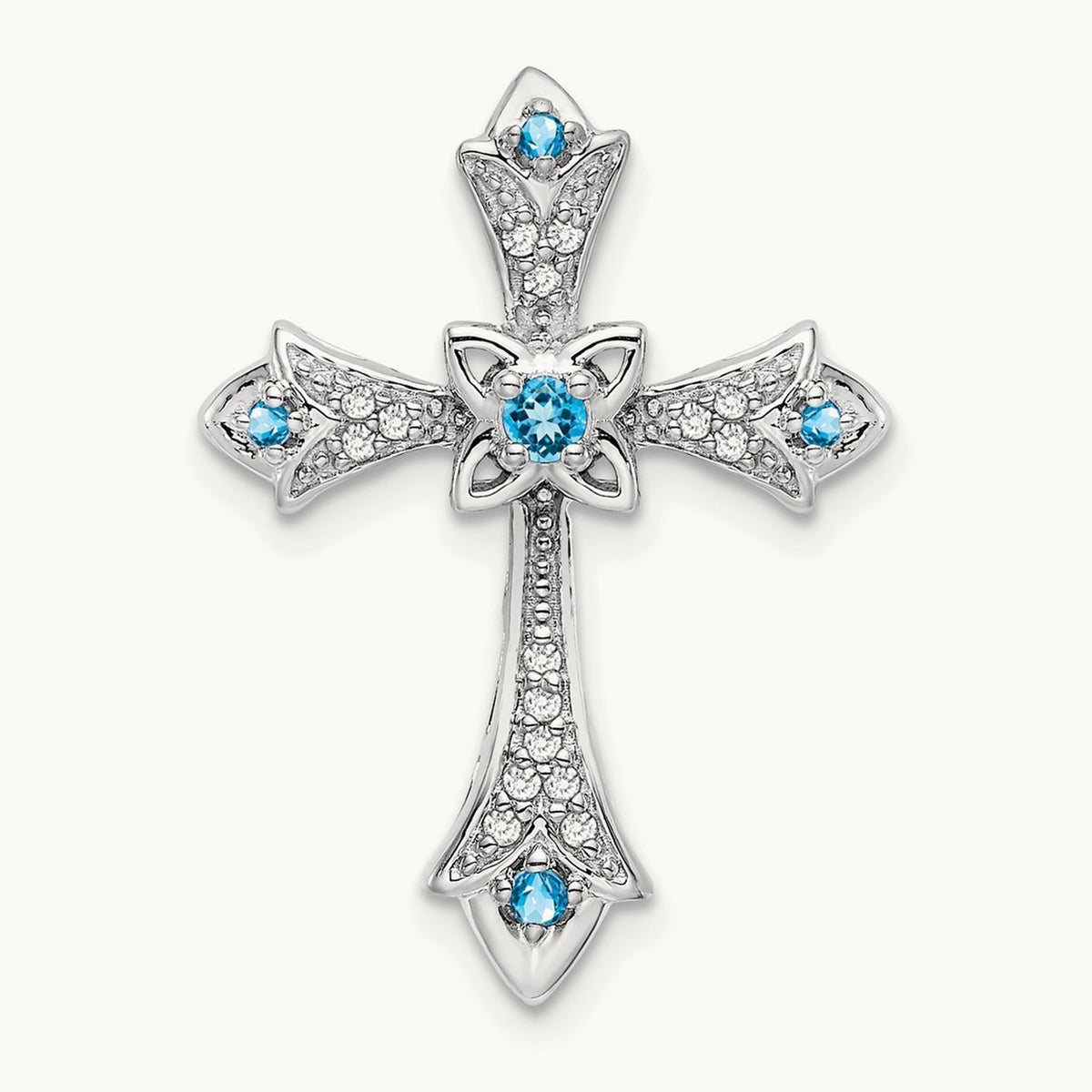 Blue Topaz and Diamond Fleur de Lis Cross Chain Slide, 14K White Gold
