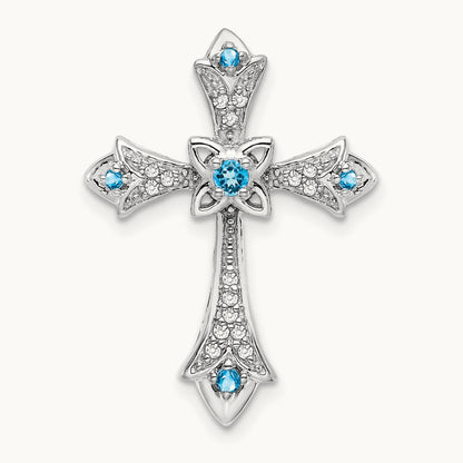 Blue Topaz and Diamond Fleur de Lis Cross Chain Slide, 14K White Gold
