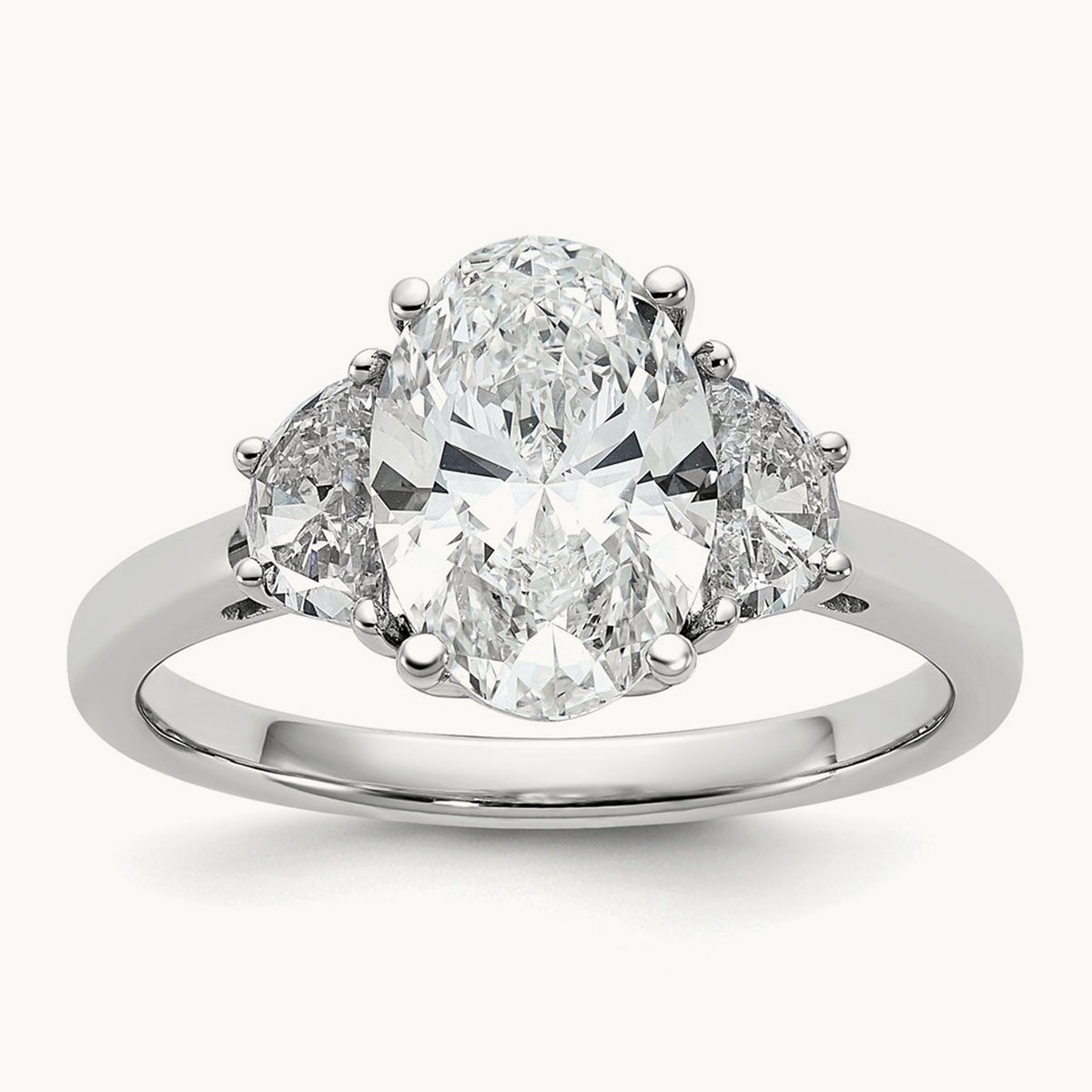 1/2ct Lab Grown Dia VS+ F+ 1/2 Moon&2ct Oval Semi 3 Stone Eng Ring, 14K White Gold