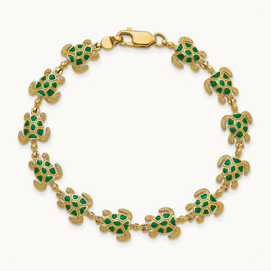w/ Green Enamel Sea Turtle Bracelet, 14K