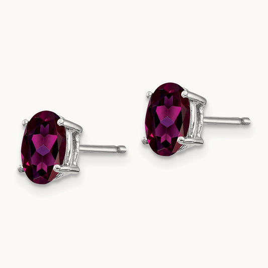 Rhodolite Garnet Oval Stud Earrings, 14K White Gold