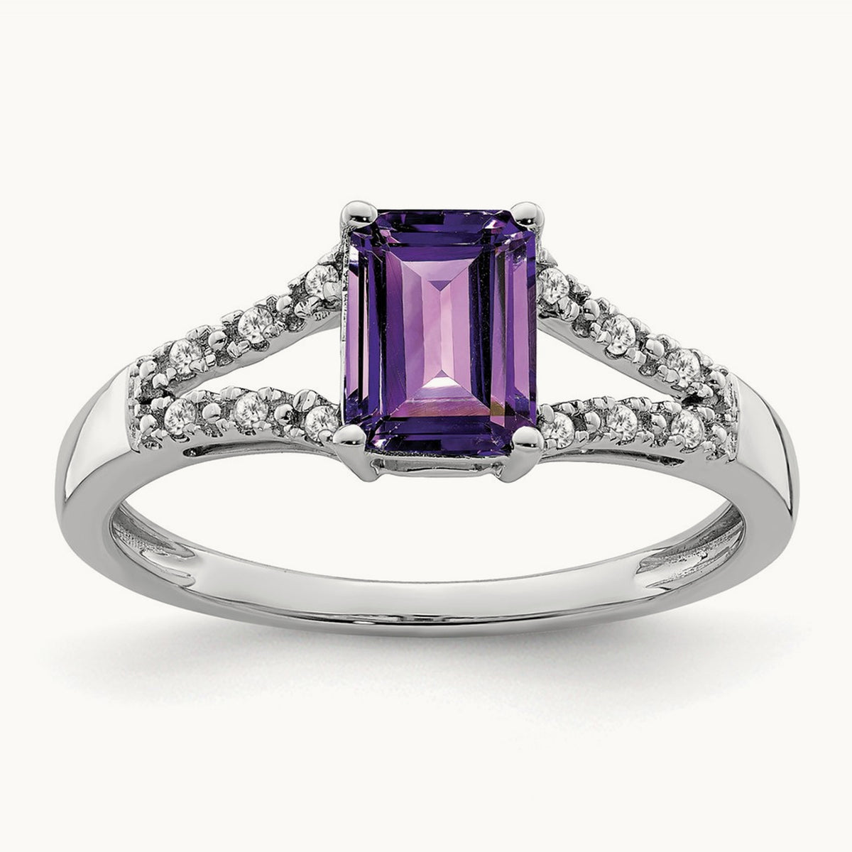 Emerald-cut Amethyst and Diamond Ring, 14K White Gold