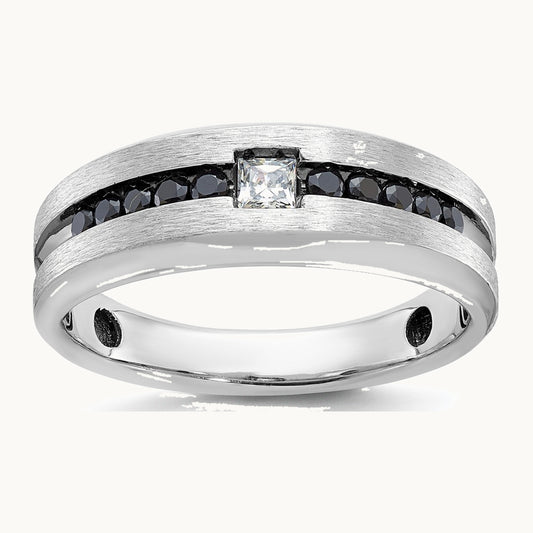 14K White Gold with Black Rhodium IBGoodman Men's Polished and Brushed Black and White Diamond Complete Ring