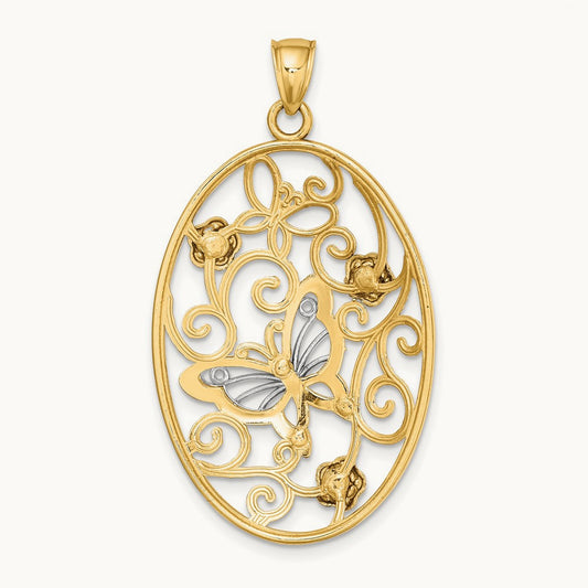w/Rhodium Butterfly and Flowers in Oval Frame Charm, 14K Two-tone