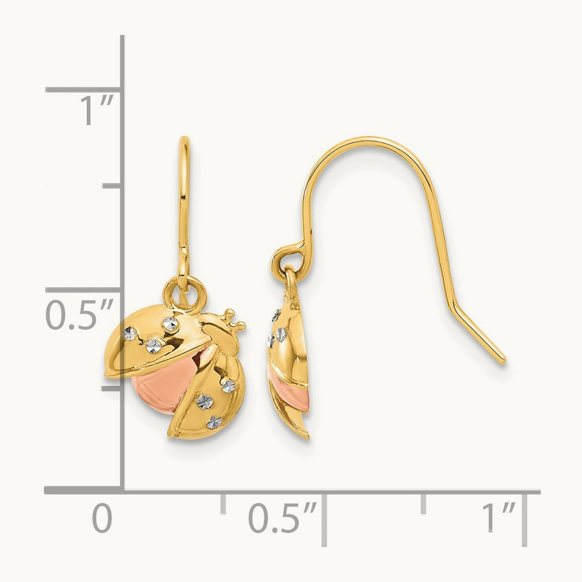 w/Rose and White Rhodium D/C Ladybug Dangle Earrings, 14K