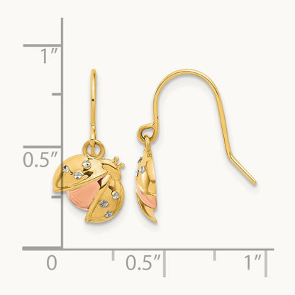 w/Rose and White Rhodium D/C Ladybug Dangle Earrings, 14K