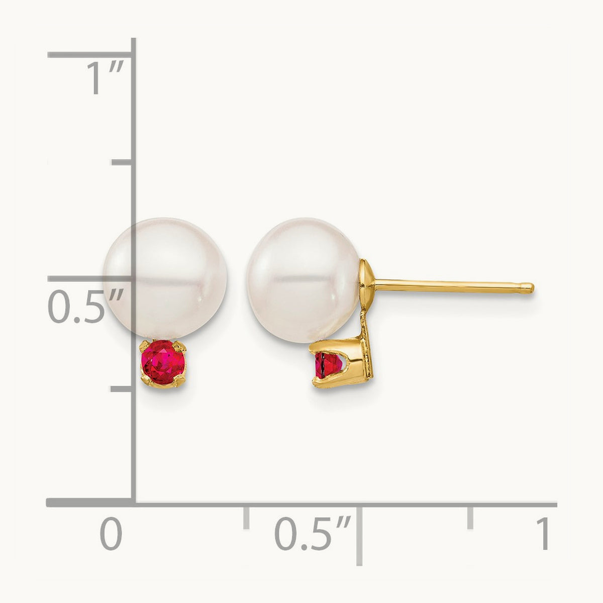 7- White Round Freshwater Cultured Pearl Ruby Post Earrings, 7.5mm, 14K